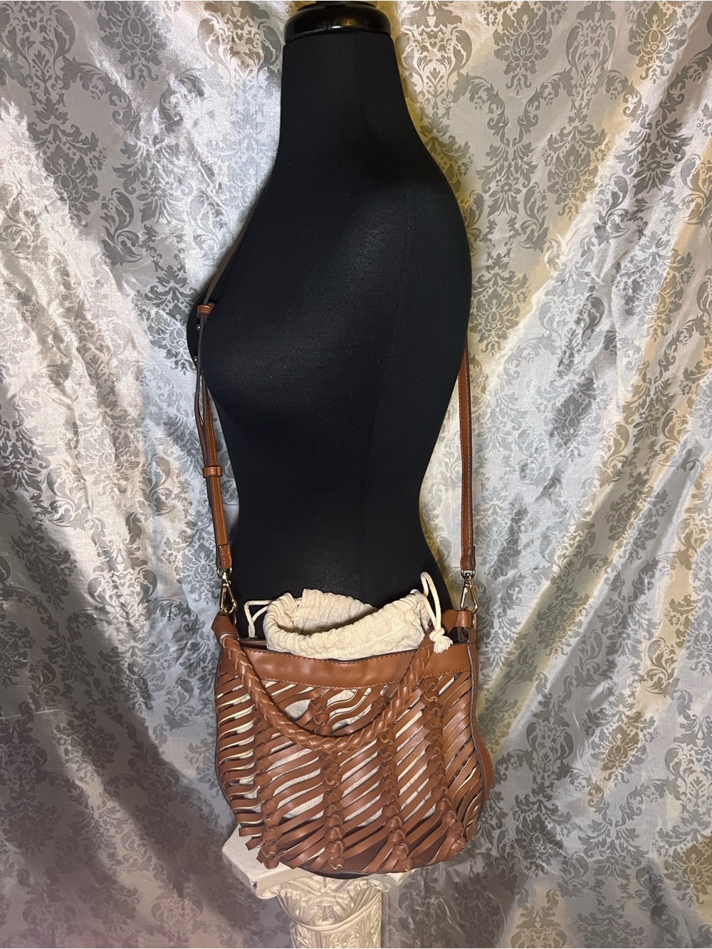 Mango Brown Woven Leather Lattice Bucket Crossbody Shoulder Bag